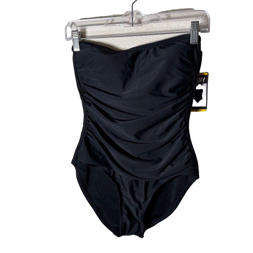 DKNY Bathing Suit Women's Medium Black Strapless One Piece Ruched Swim